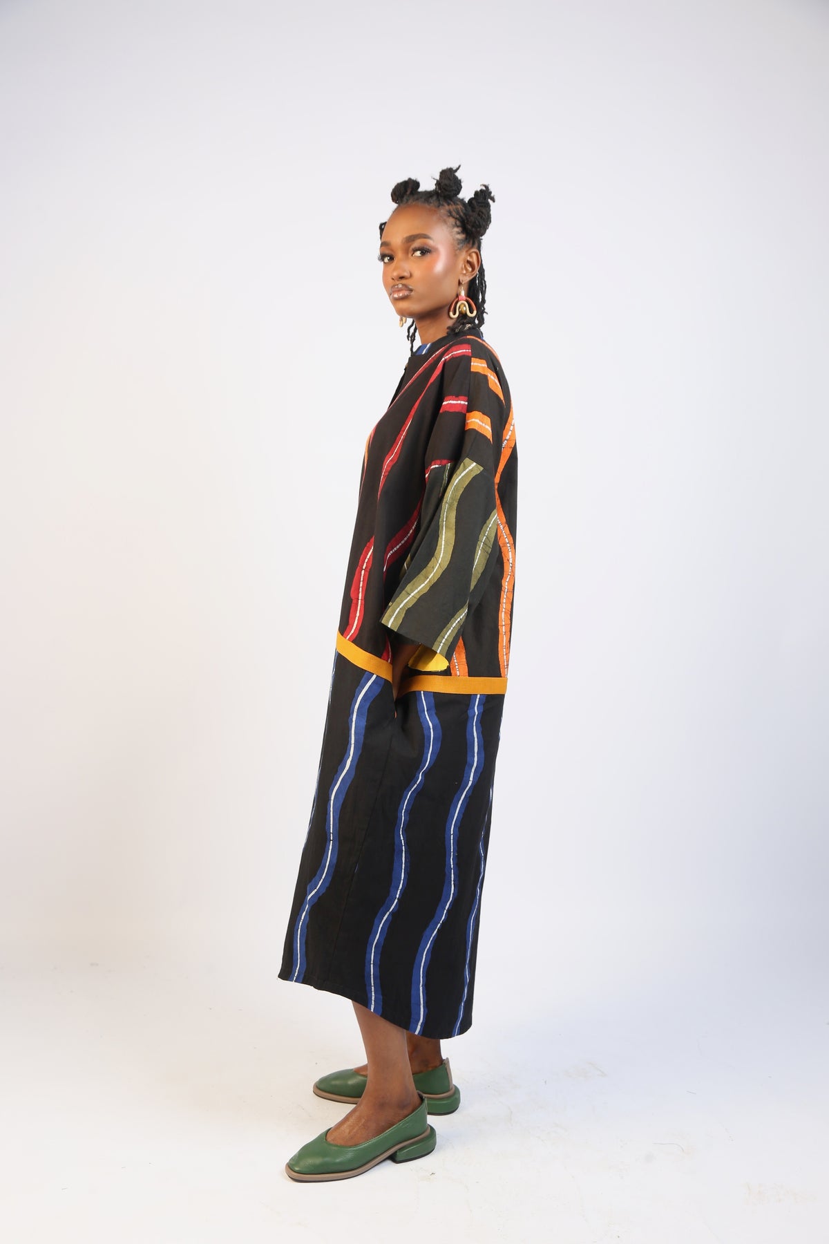 WHITE, BLUE AND  BLACK THINLINE KAFTAN WITH MUSTARD OUTLINE