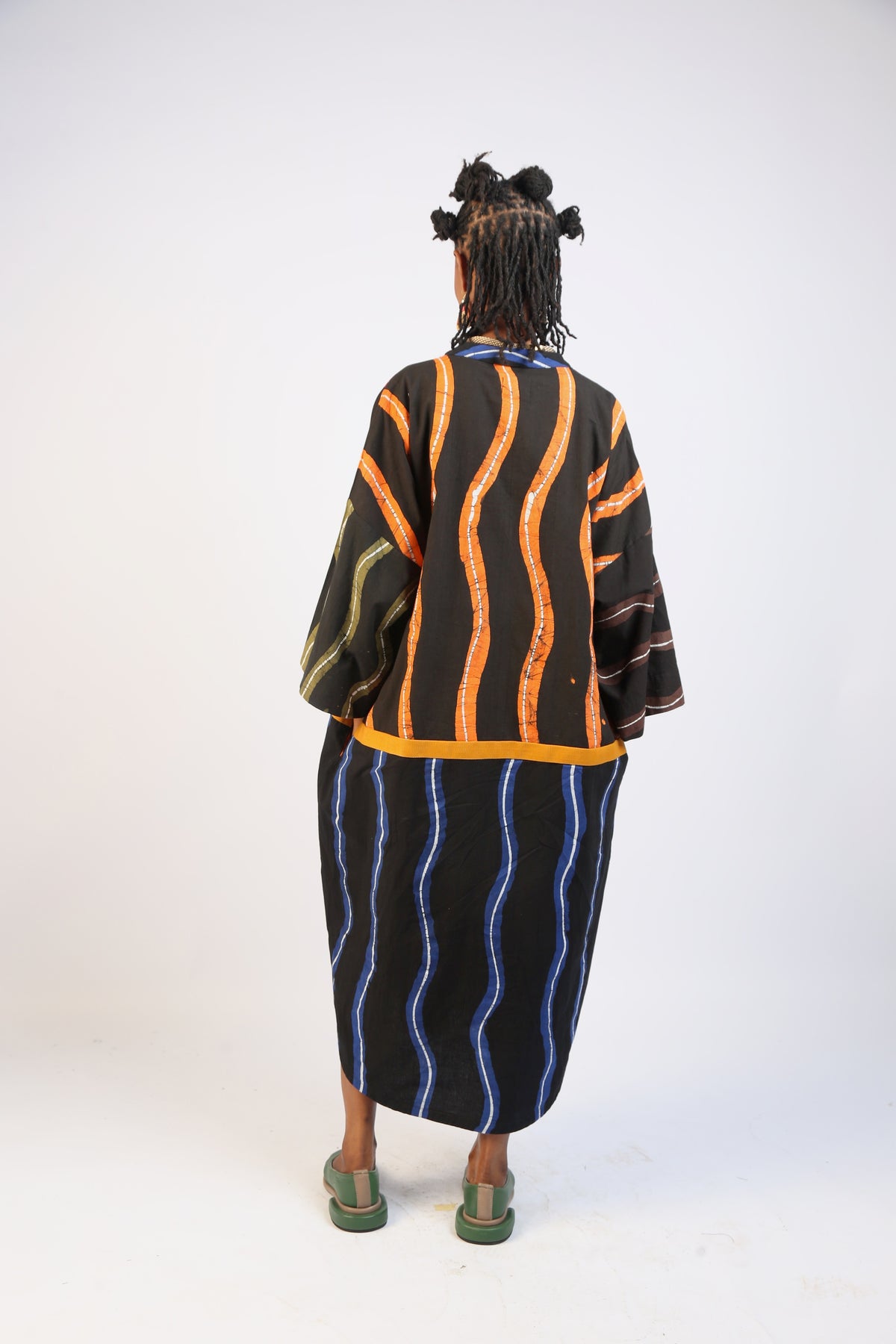 WHITE, BLUE AND  BLACK THINLINE KAFTAN WITH MUSTARD OUTLINE