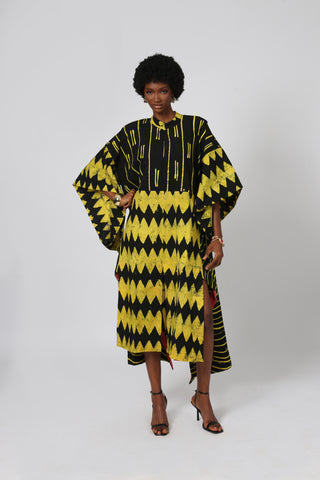 YELLOW AND BLACK MULTIPRINT SHIRTDRESS