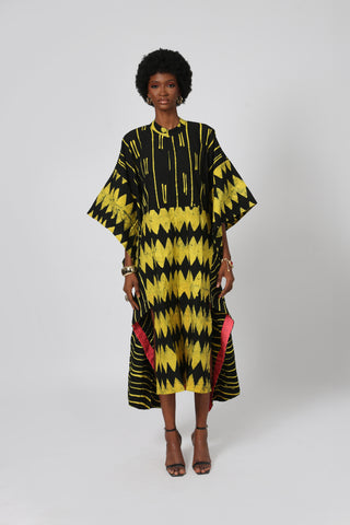 YELLOW AND BLACK MULTIPRINT SHIRTDRESS