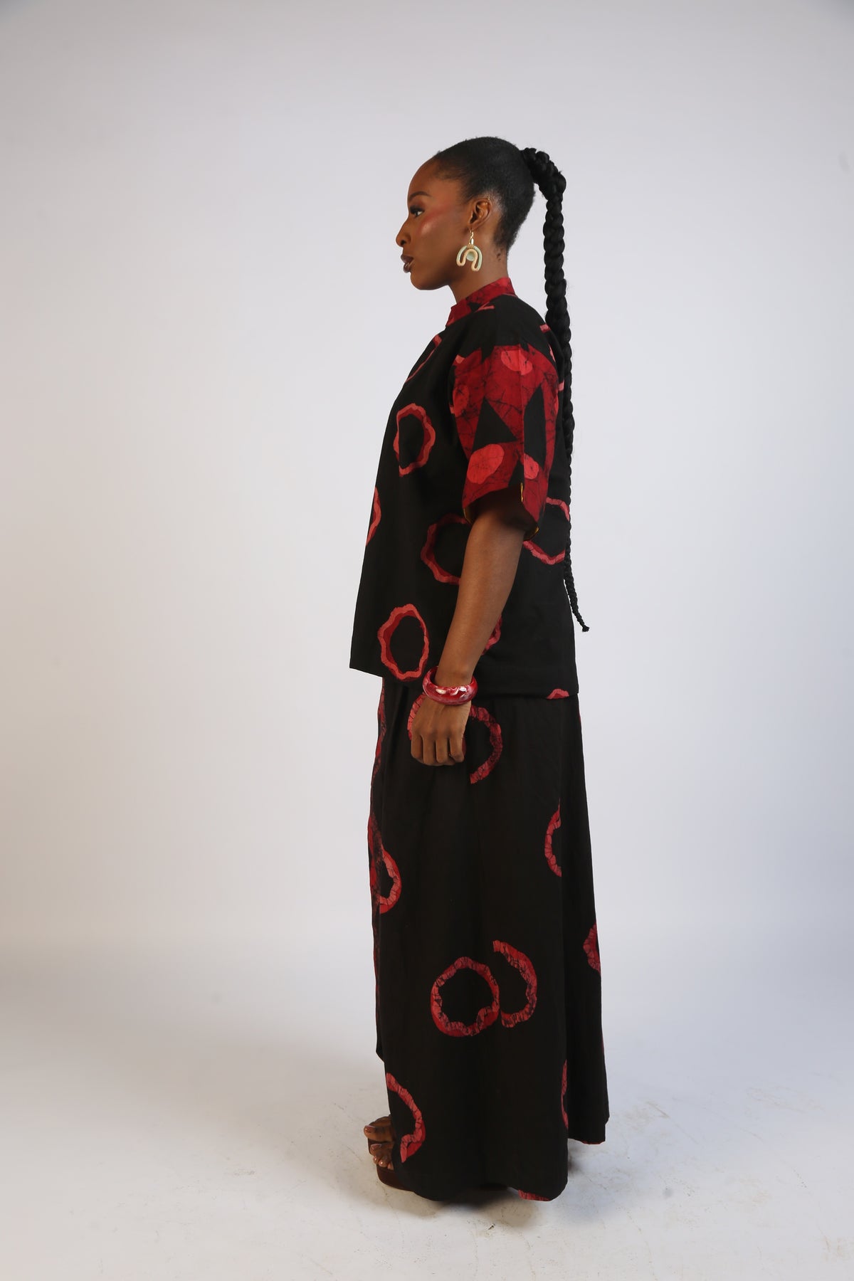 CORAL, RED AND BLACK MULTIPRINT SHIRT