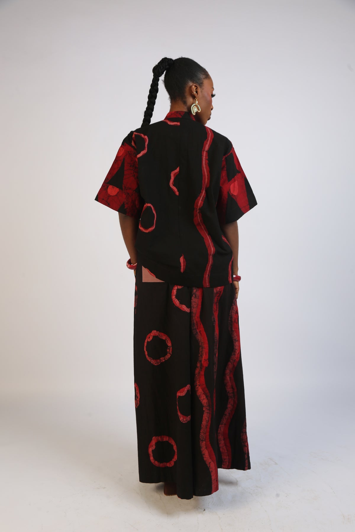 CORAL, RED AND BLACK MULTIPRINT PANTS