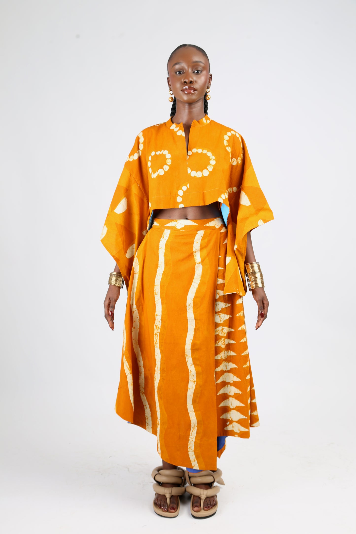 WHITE AND GOLDEN YELLOW MULTIPRINT MIDI IRO SKIRT