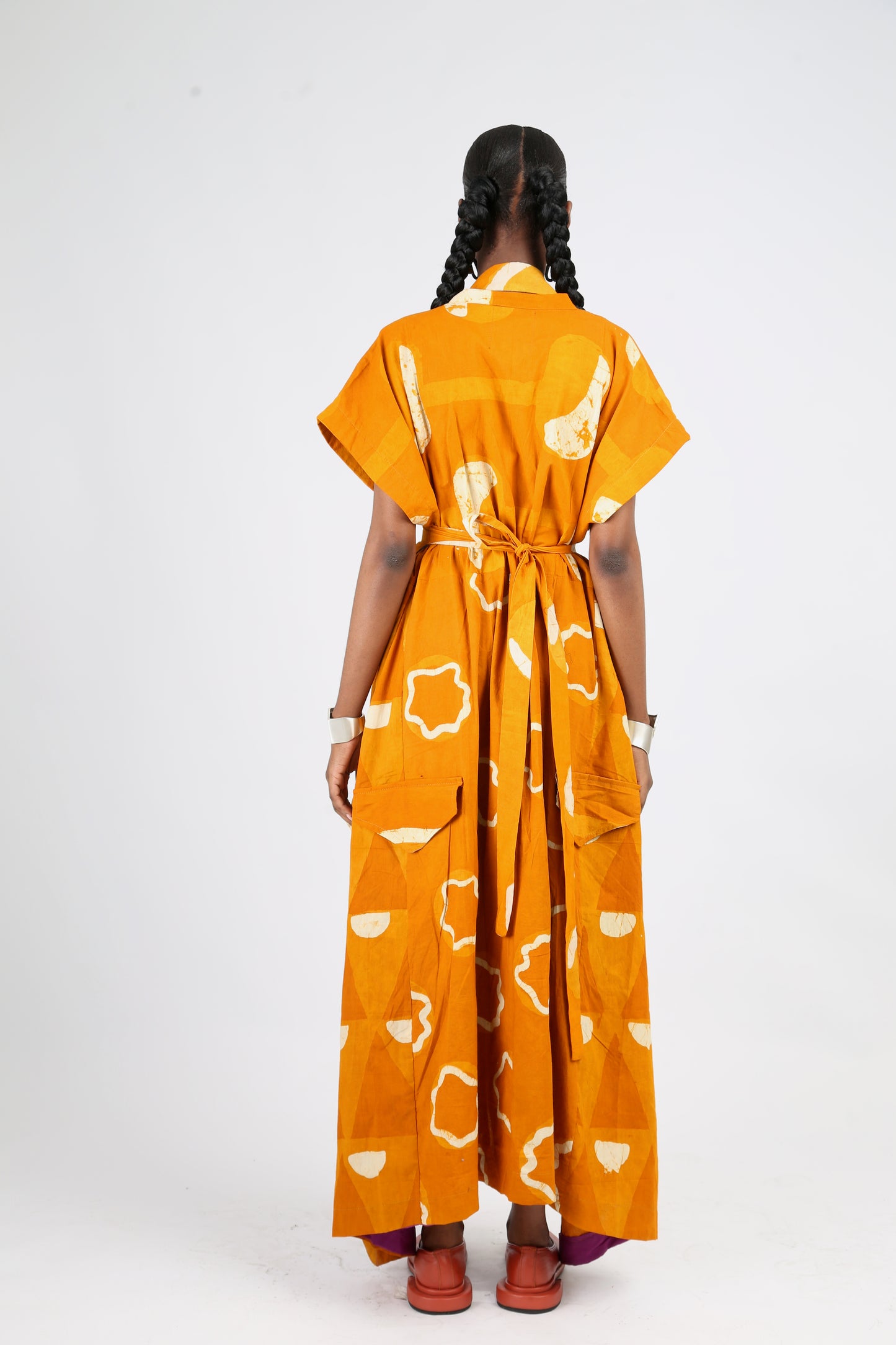 WHITE AND GOLDEN YELLOW MULTIPTINT OSAKA SLEEVELESS SHIRT DRESS