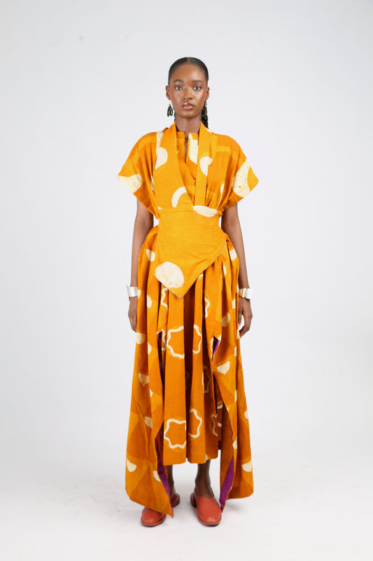 WHITE AND GOLDEN YELLOW MULTIPTINT OSAKA SLEEVELESS SHIRT DRESS