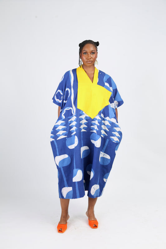 WHITE AND BLUE MULTIPRINT AGBADA WITH YELLOW ASO OKE