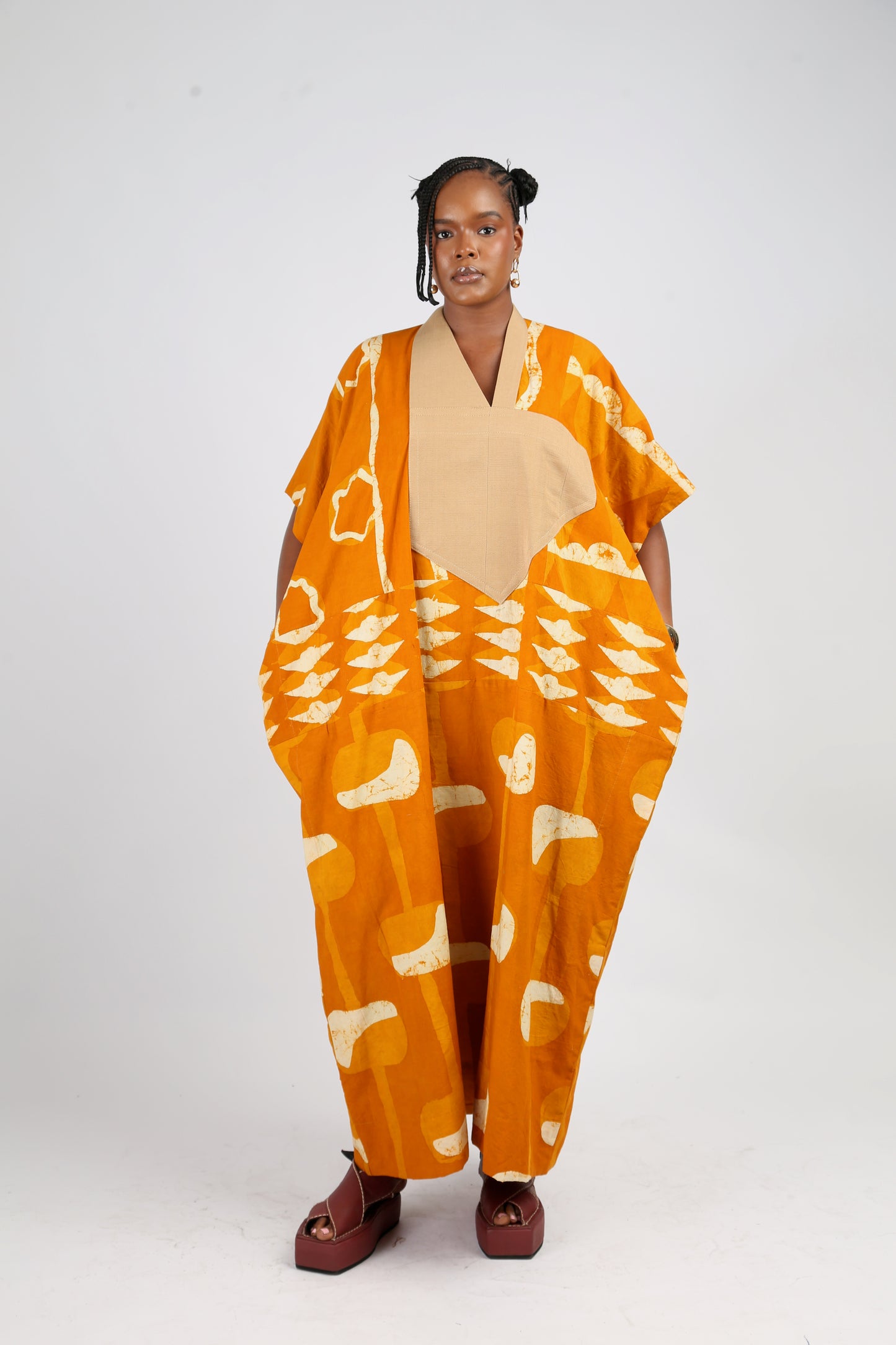 WHITE AND GOLDEN YELLOW MULTIPRINT AGBADA WITH ECRU ASO OKE