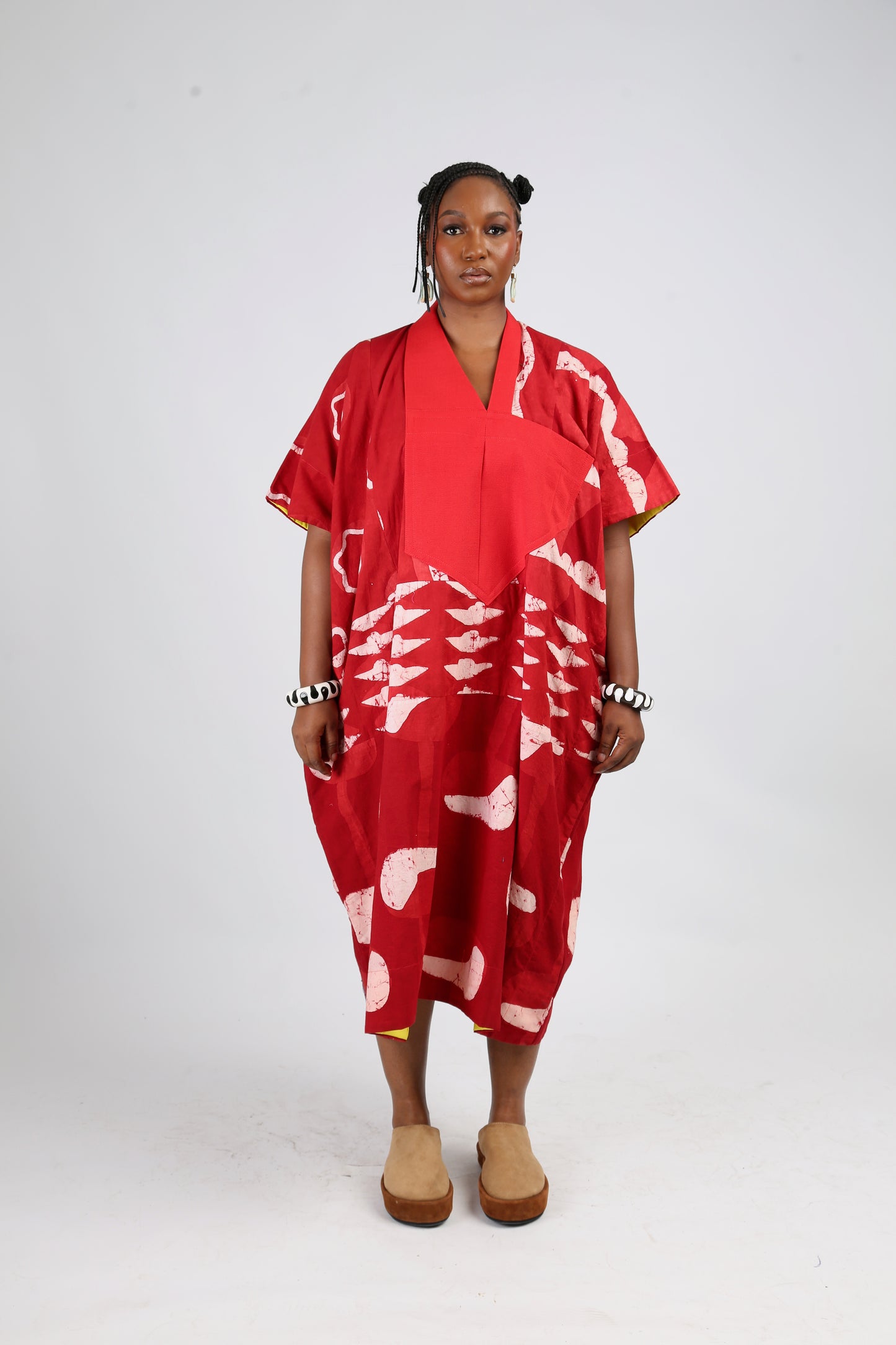 WHITE AND RED MULTIPRINT AGBADA WITH RED ASO OKE