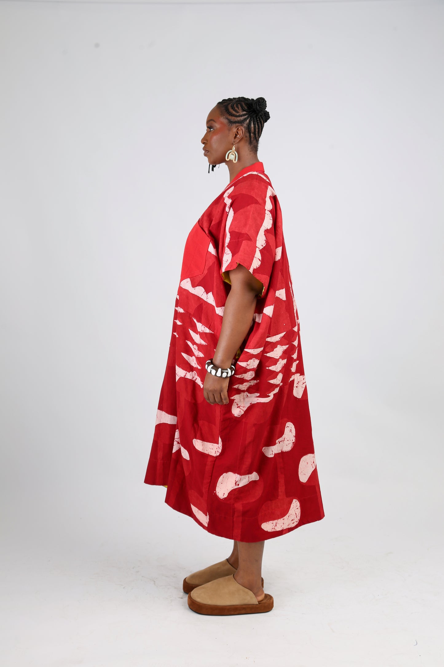 WHITE AND RED MULTIPRINT AGBADA WITH RED ASO OKE