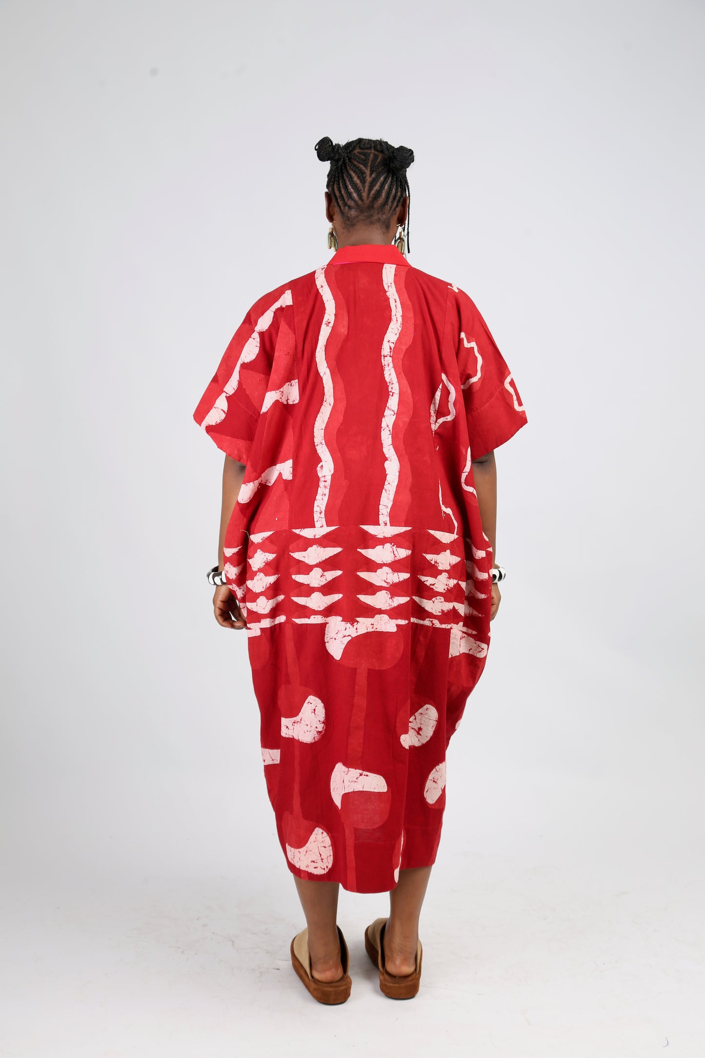 WHITE AND RED MULTIPRINT AGBADA WITH RED ASO OKE