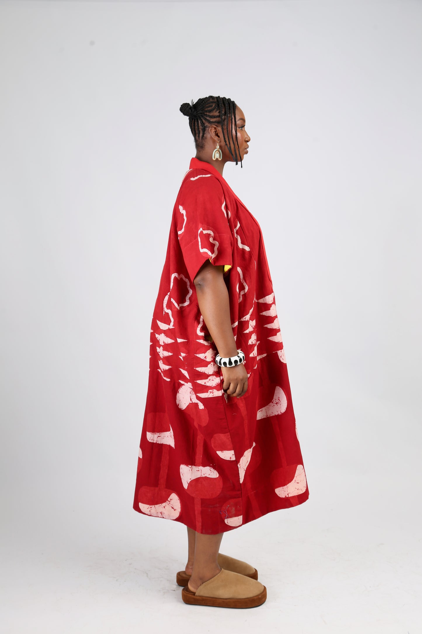 WHITE AND RED MULTIPRINT AGBADA WITH RED ASO OKE
