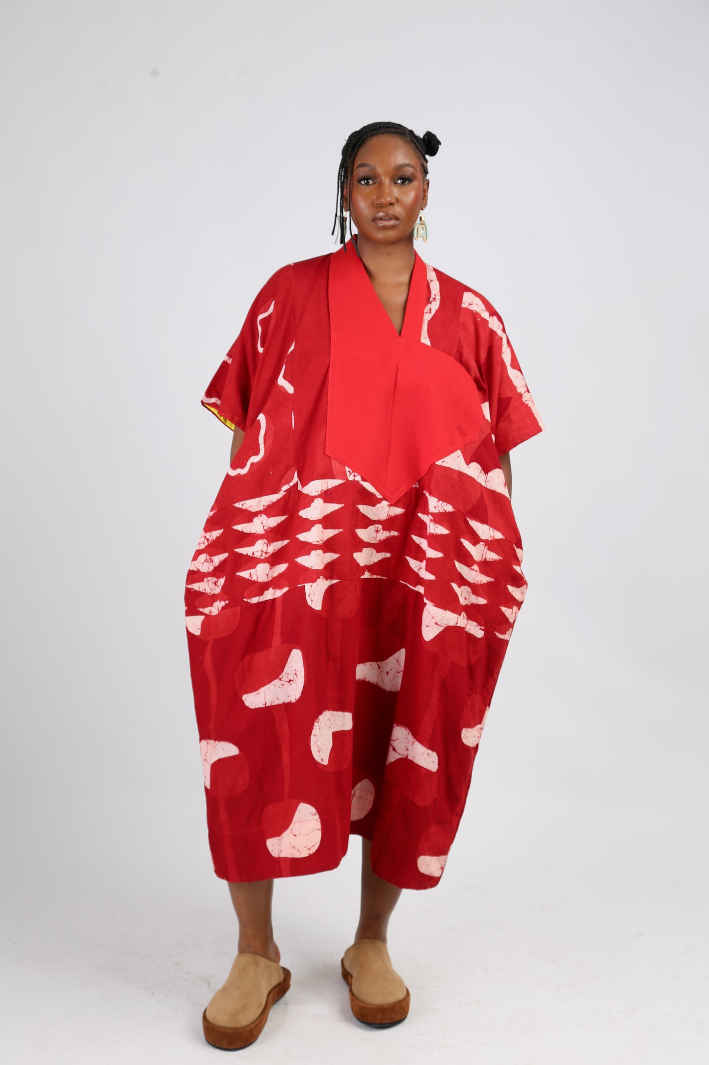 WHITE AND RED MULTIPRINT AGBADA WITH RED ASO OKE
