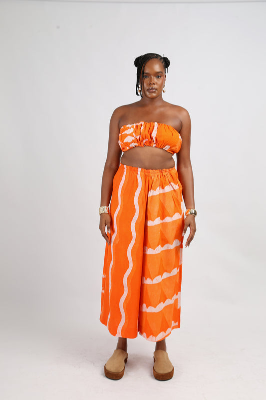 WHITE AND TANGERINE MULTIPRINT BANDEAU TOP