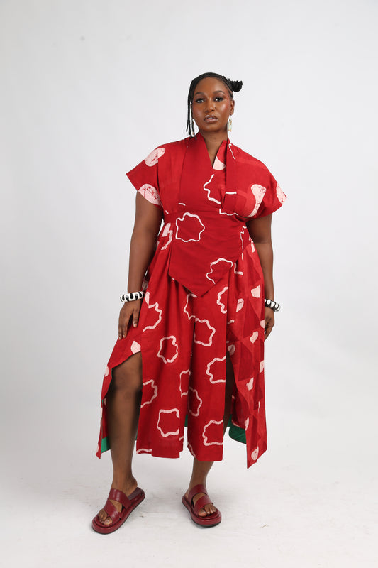 WHITE AND RED MULTIPRINT SLEEVELESS OSAKA SHIRT DRESS