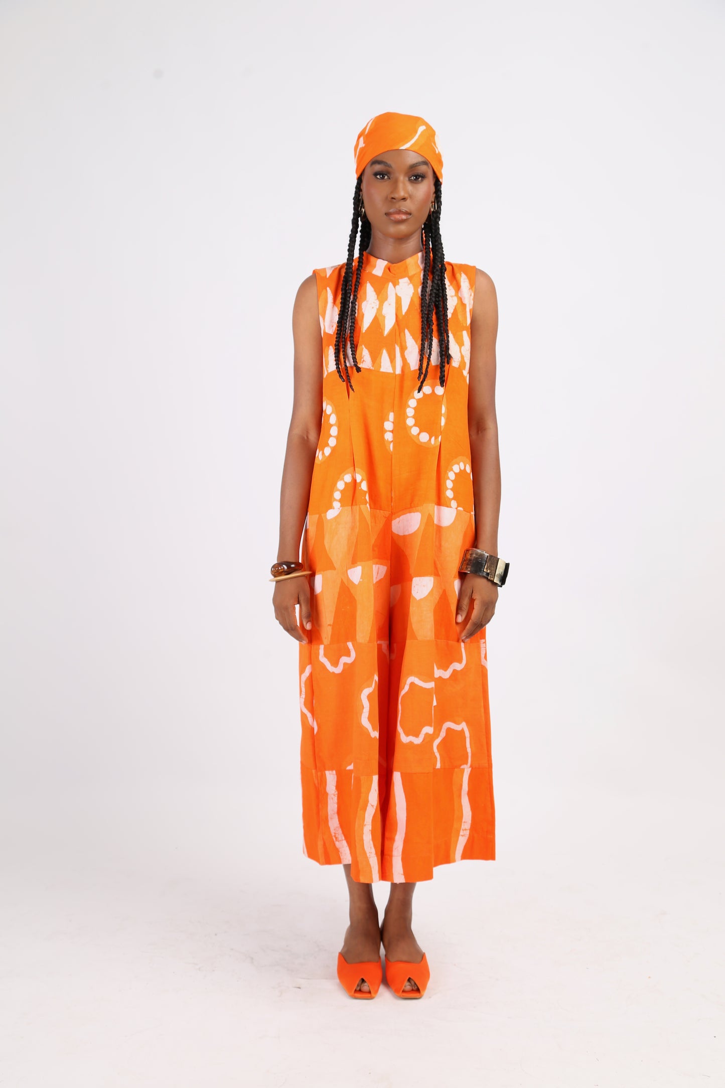 WHITE AND TANGERINE MULTIPRINT MIDI JUMPSUIT