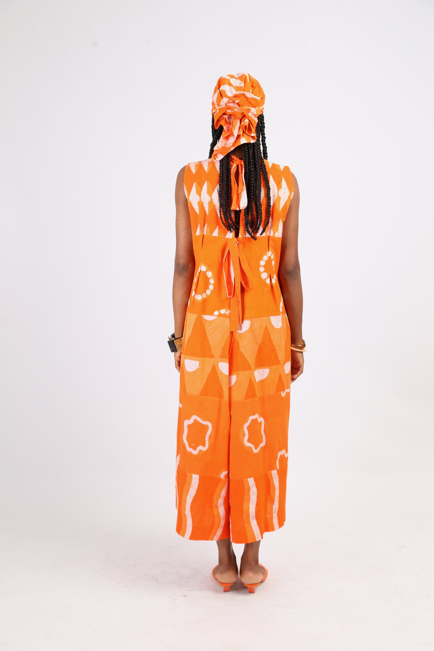 WHITE AND TANGERINE MULTIPRINT MIDI JUMPSUIT