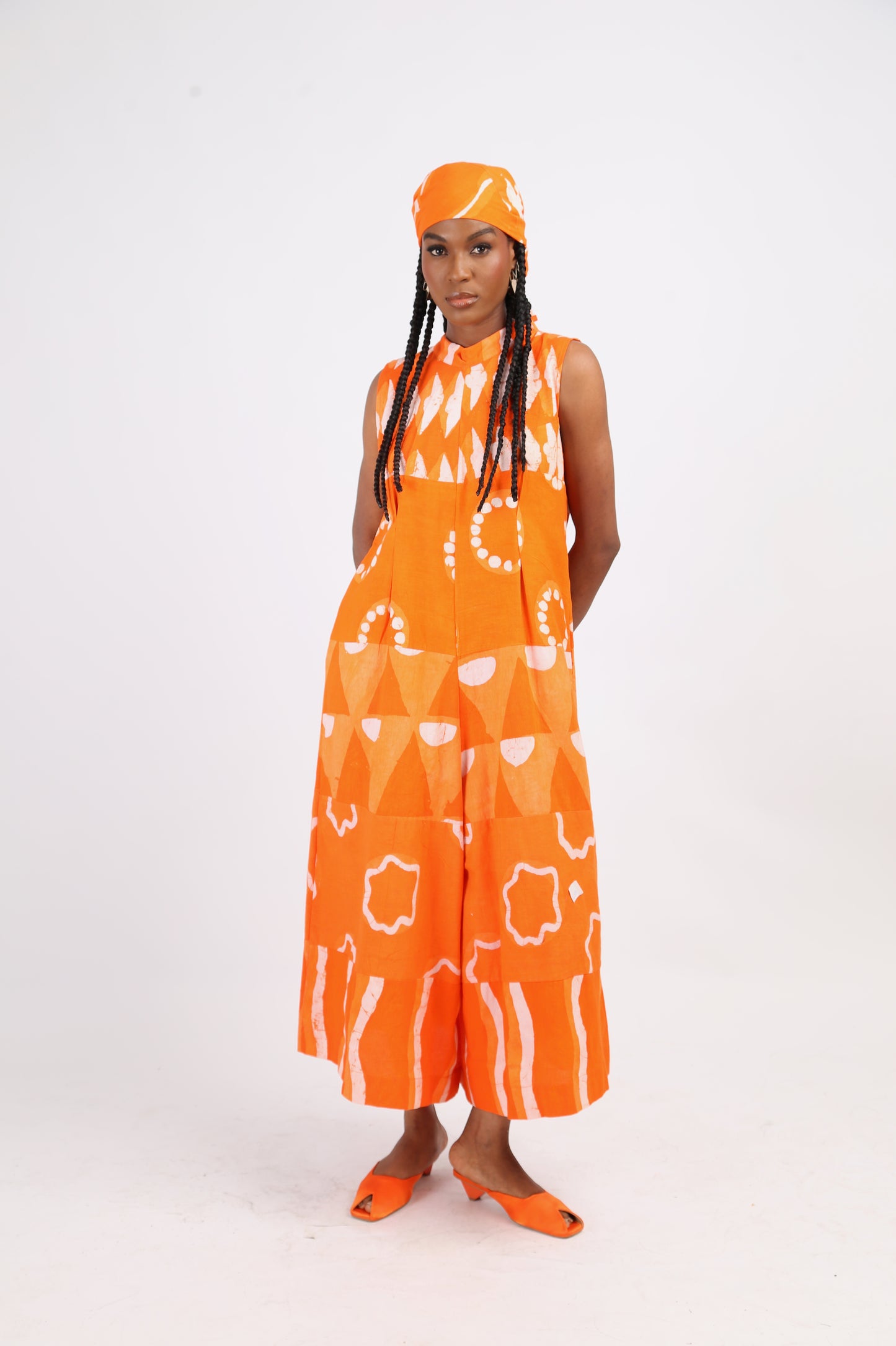 WHITE AND TANGERINE MULTIPRINT MIDI JUMPSUIT