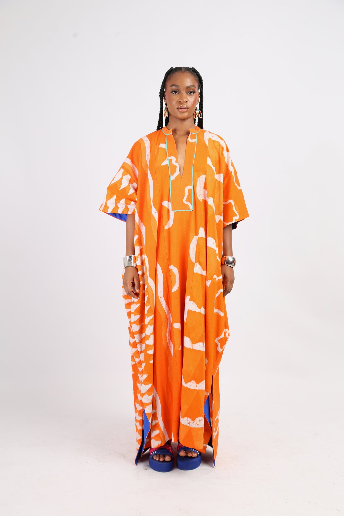 WHITE AND TANGERINE MULTIPRINT JALABIYA