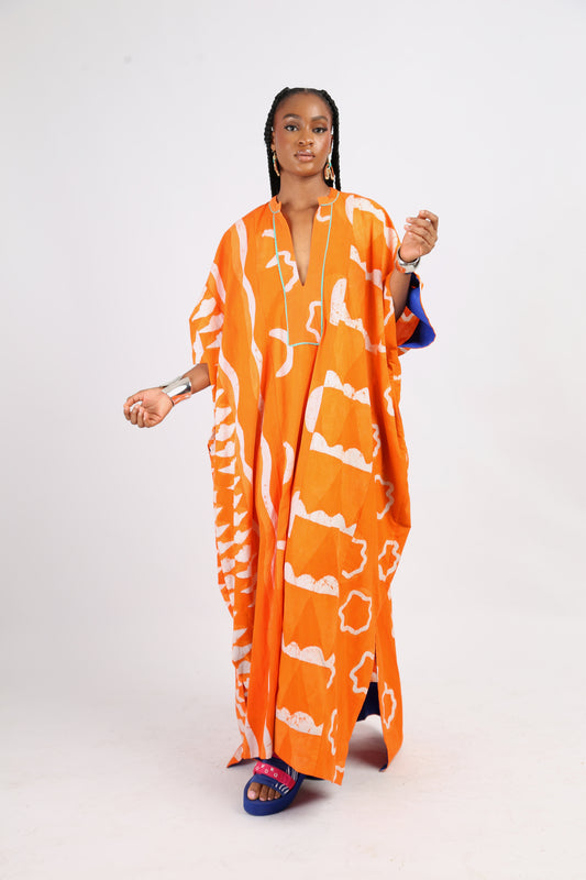 WHITE AND TANGERINE MULTIPRINT JALABIYA