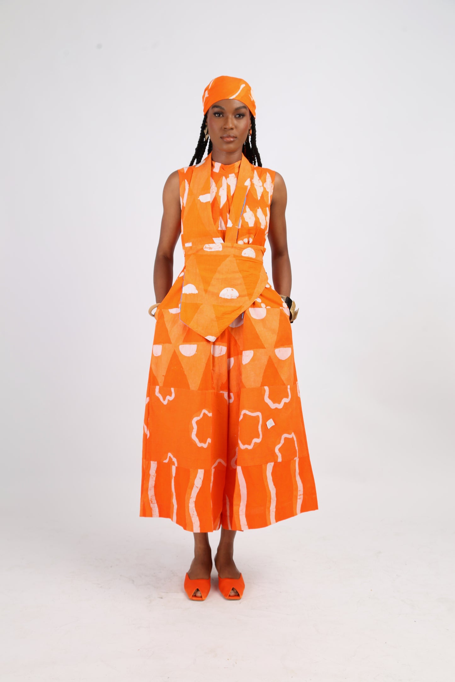 WHITE AND TANGERINE MULTIPRINT MIDI JUMPSUIT