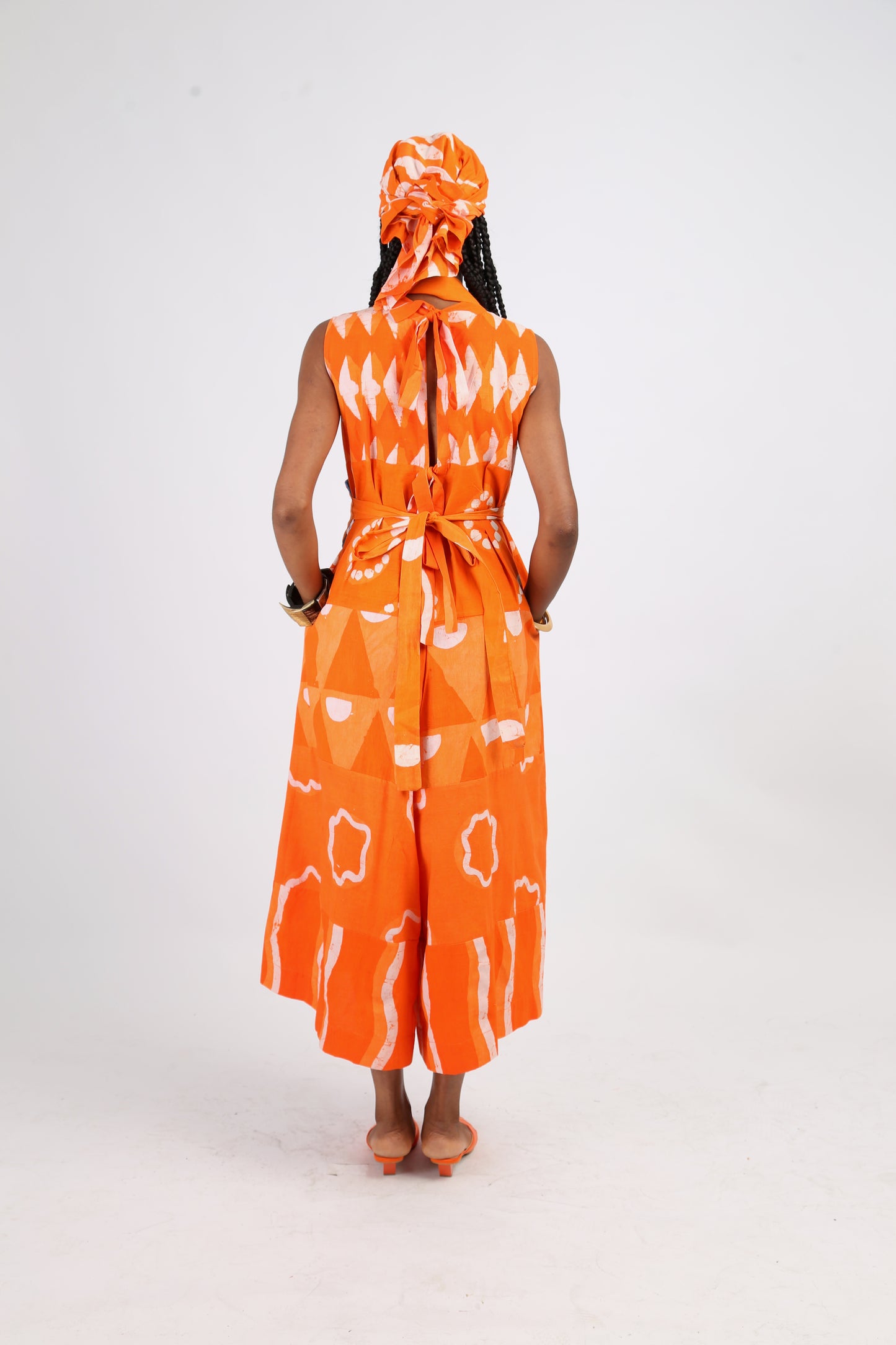 WHITE AND TANGERINE MULTIPRINT MIDI JUMPSUIT