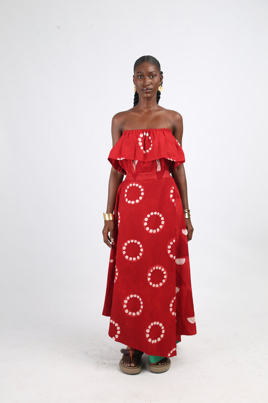 WHITE AND RED MULTIPRINT LONG IRO SKIRT