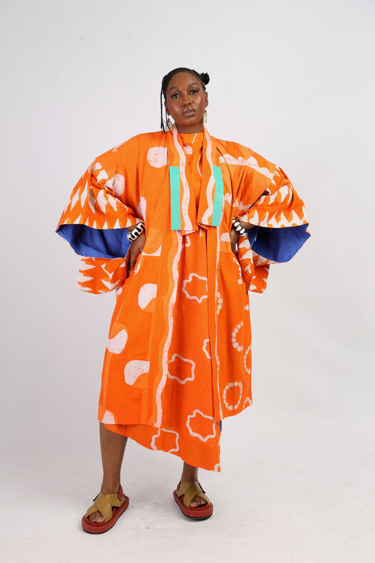WHITE AND TANGERINE MULTIPRINT CLASSIC KIMONO