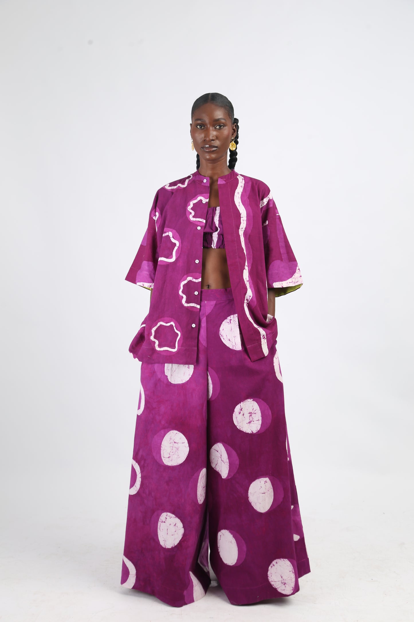 WHITE AND MAGENTA MULTIPRINT WIDE LEG PANTS