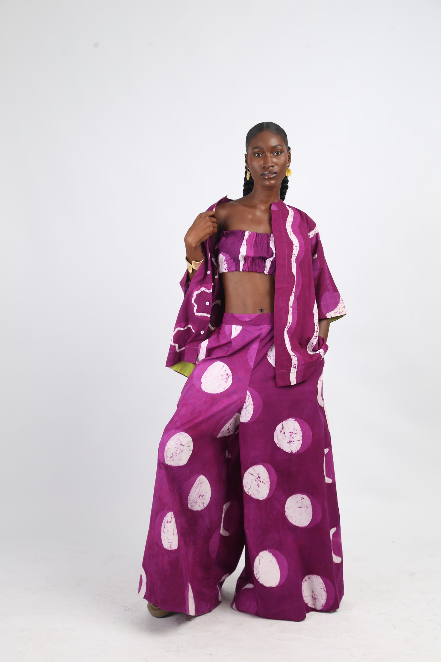 WHITE AND MAGENTA MULTIPRINT WIDE LEG PANTS