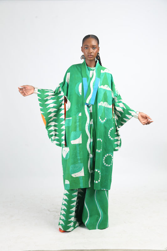 WHITE AND GREEN MULTIPRINT CLASSIC KIMONO