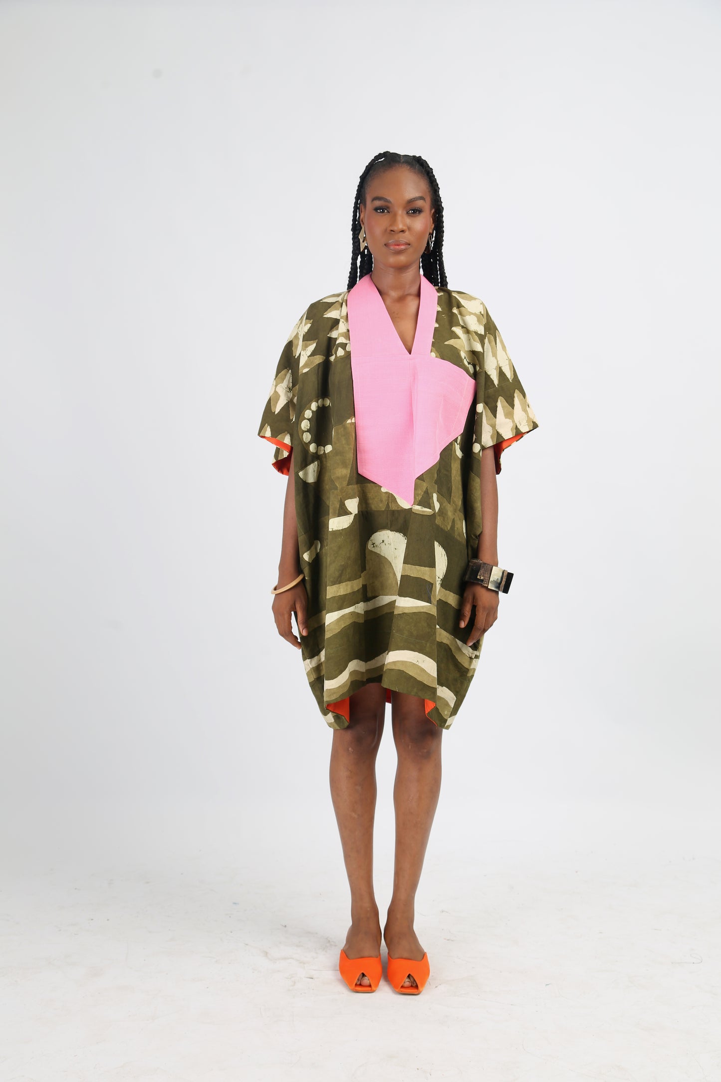 WHITE AND KHAKI MULTIPRINT MINI AGBADA WITH LIGHT PINK ASO OKE