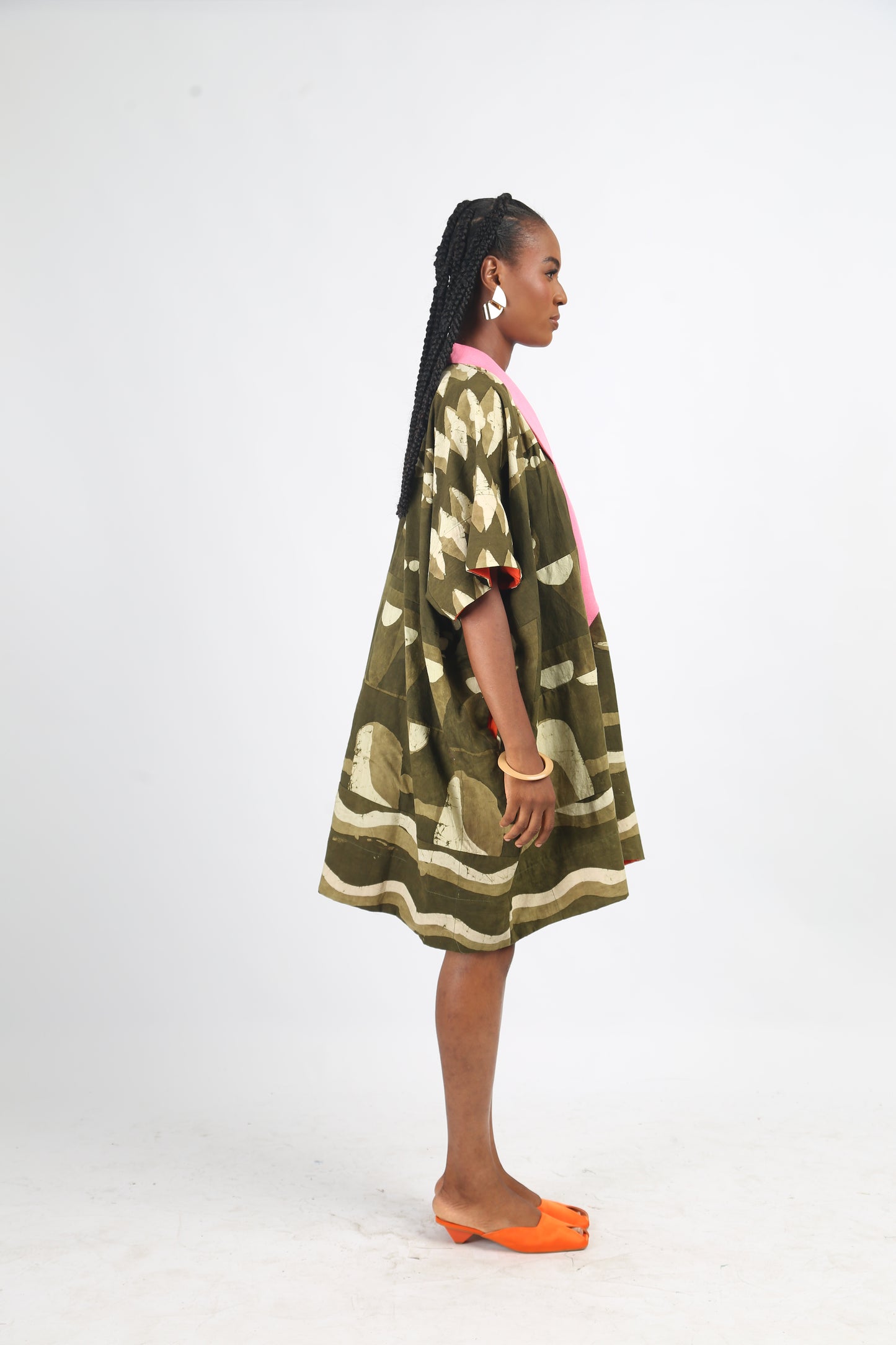 WHITE AND KHAKI MULTIPRINT MINI AGBADA WITH LIGHT PINK ASO OKE