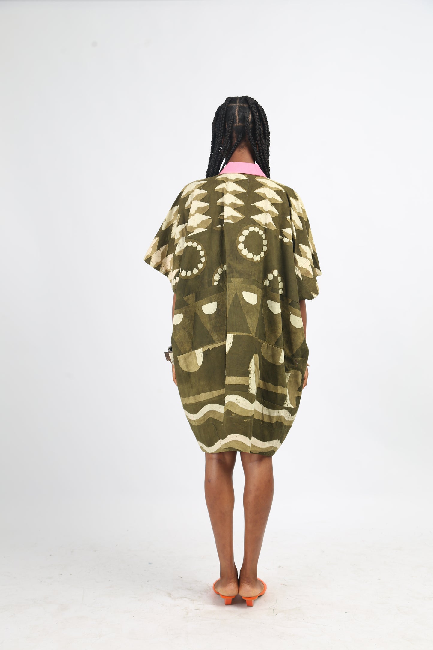 WHITE AND KHAKI MULTIPRINT MINI AGBADA WITH LIGHT PINK ASO OKE