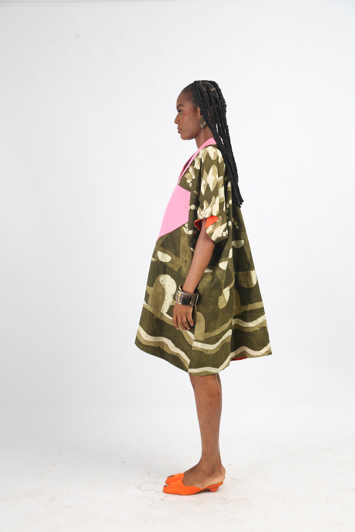 WHITE AND KHAKI MULTIPRINT MINI AGBADA WITH LIGHT PINK ASO OKE