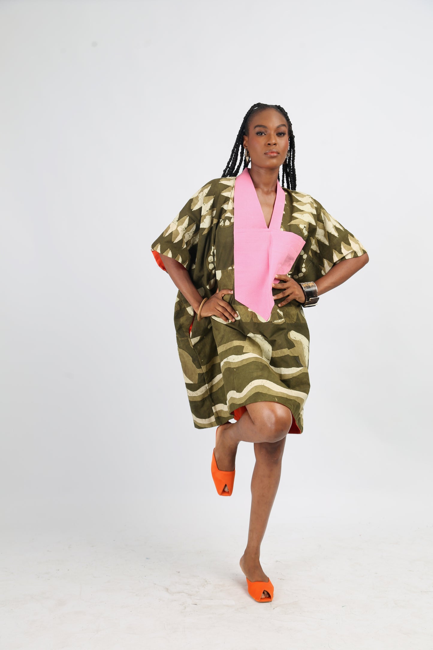 WHITE AND KHAKI MULTIPRINT MINI AGBADA WITH LIGHT PINK ASO OKE
