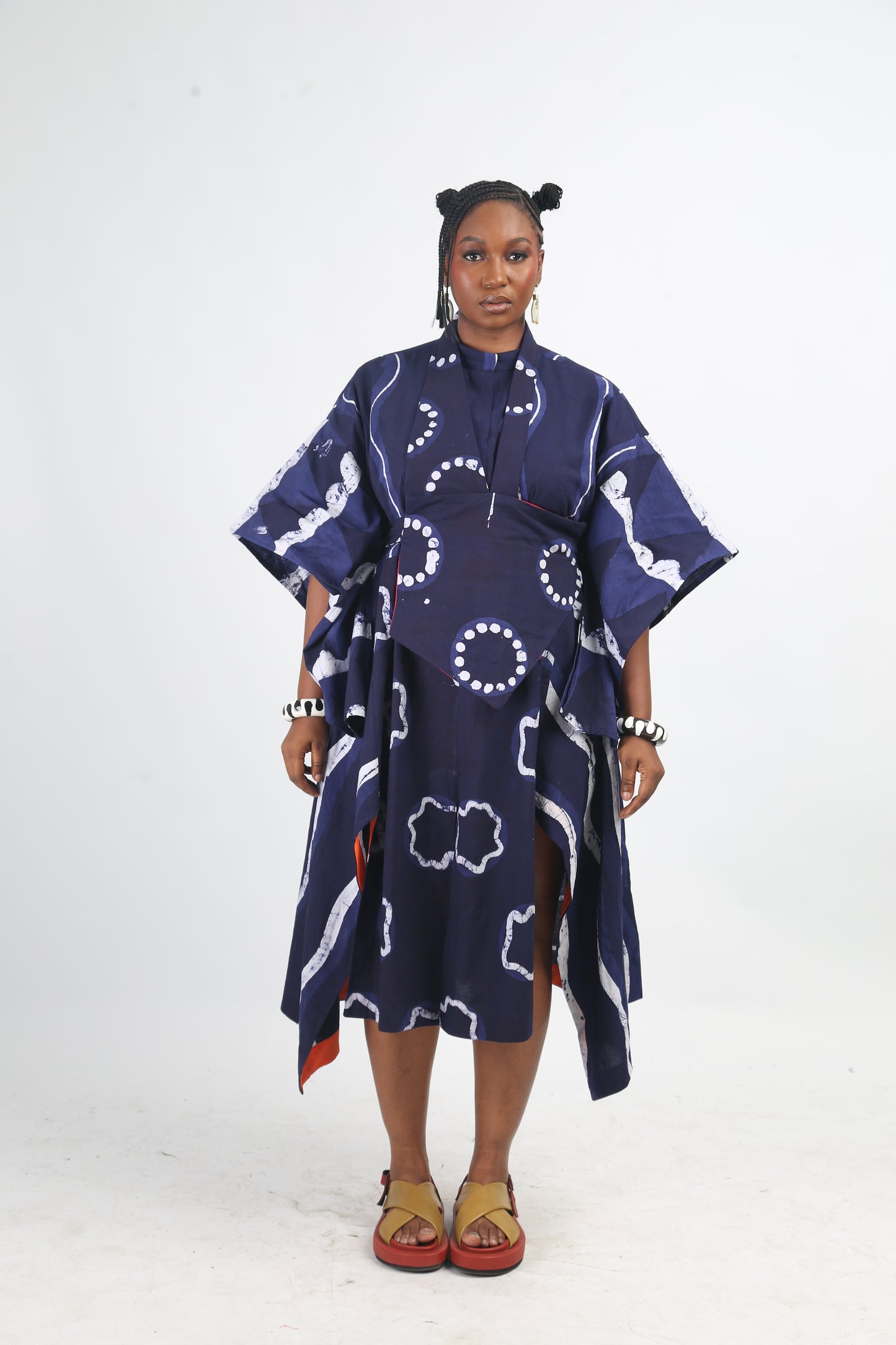 WHITE AND NAVY BLUE MULTIPRINT OSAKA SHIRT DRESS
