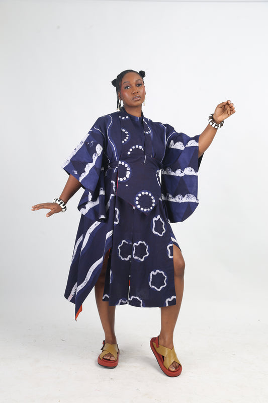WHITE AND NAVY BLUE MULTIPRINT OSAKA SHIRT DRESS