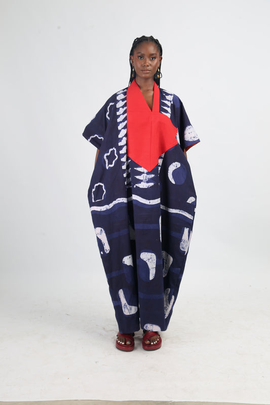 WHITE AND NAVY BLUE MULTIPRINT AGBADA WITH RED ASO OKE