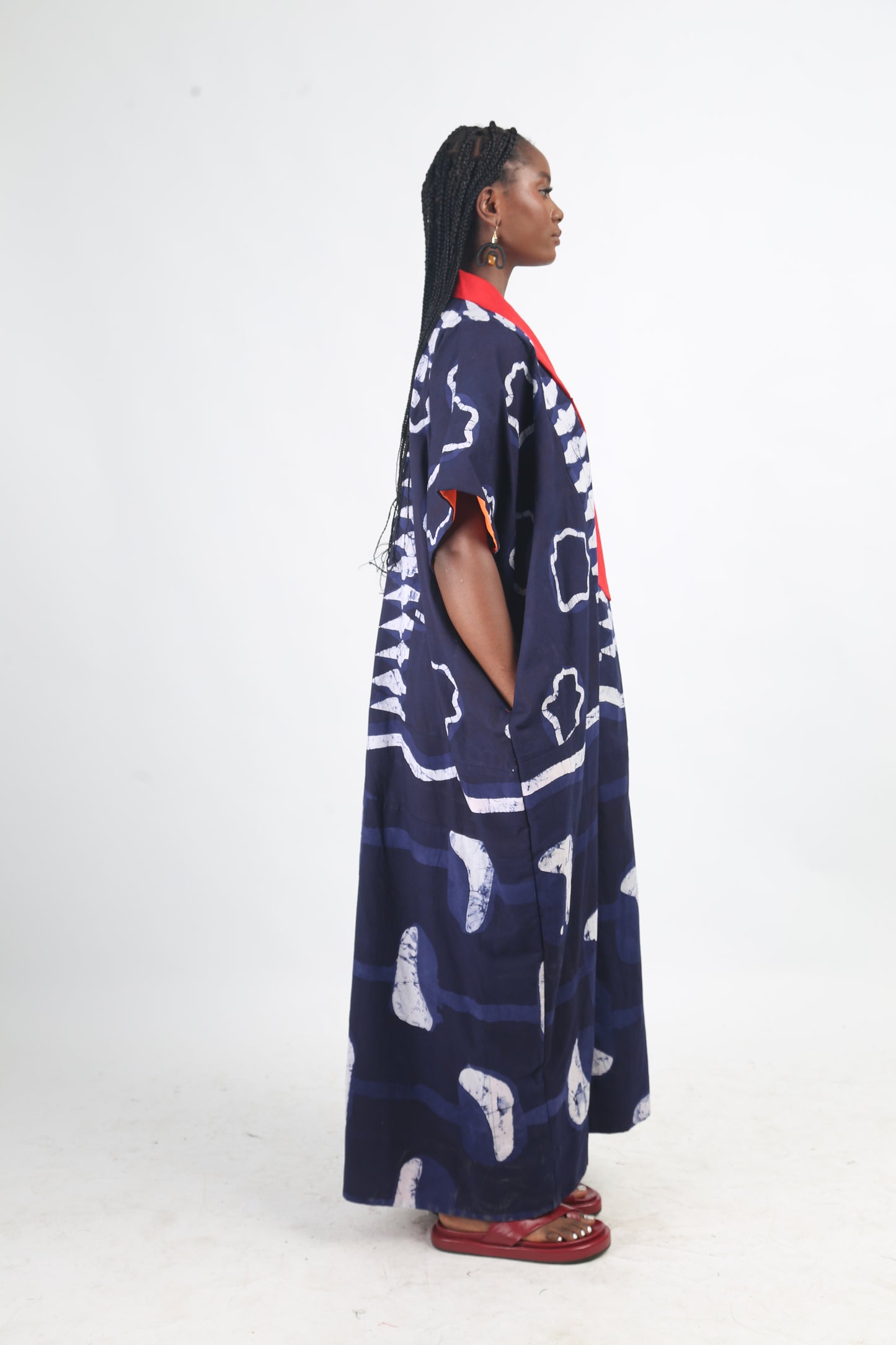WHITE AND NAVY BLUE MULTIPRINT AGBADA WITH RED ASO OKE