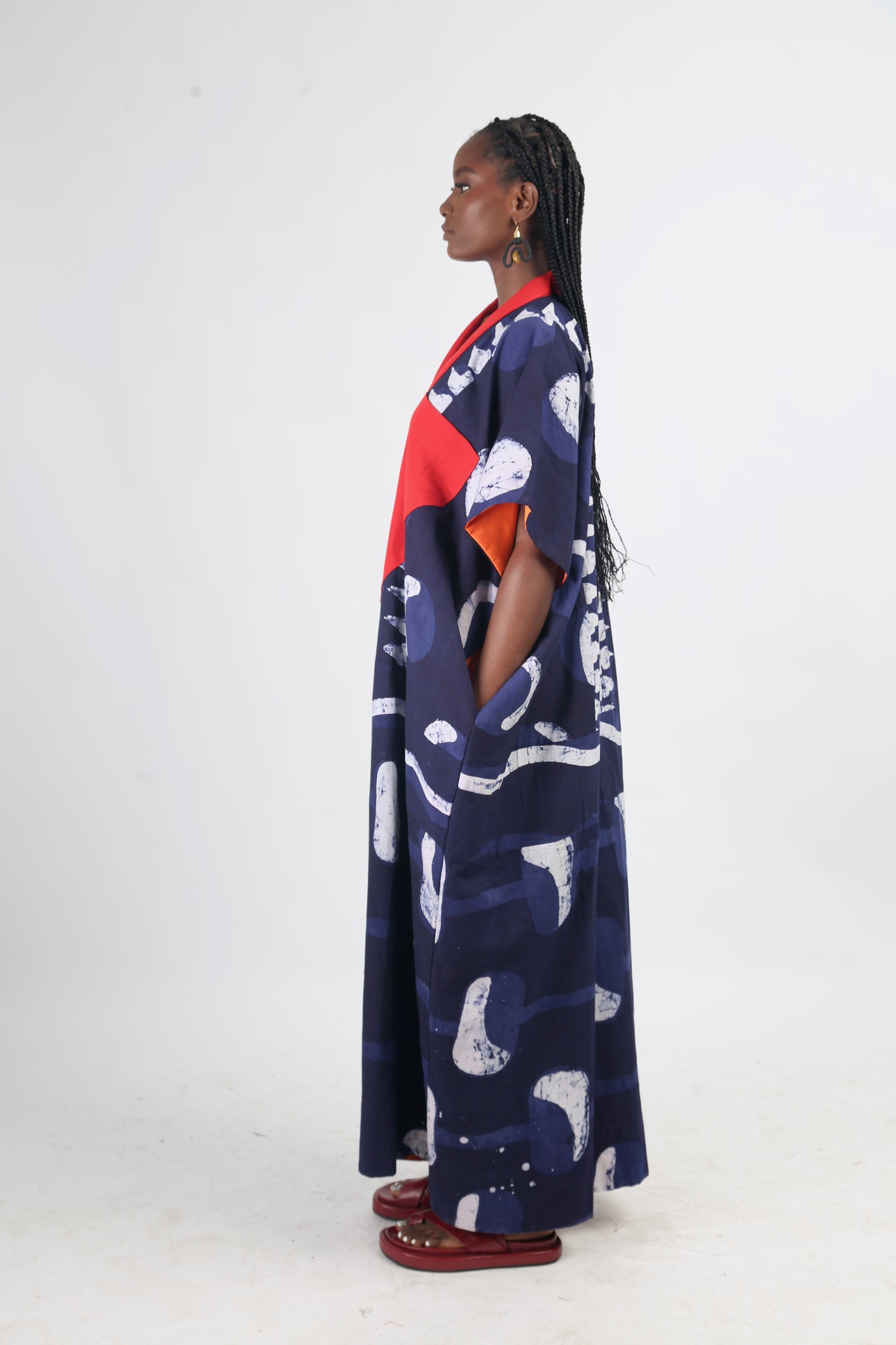 WHITE AND NAVY BLUE MULTIPRINT AGBADA WITH RED ASO OKE