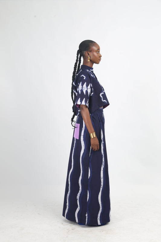 WHITE AND NAVY BLUE MULTIPRINT WIDE LEG PANTS