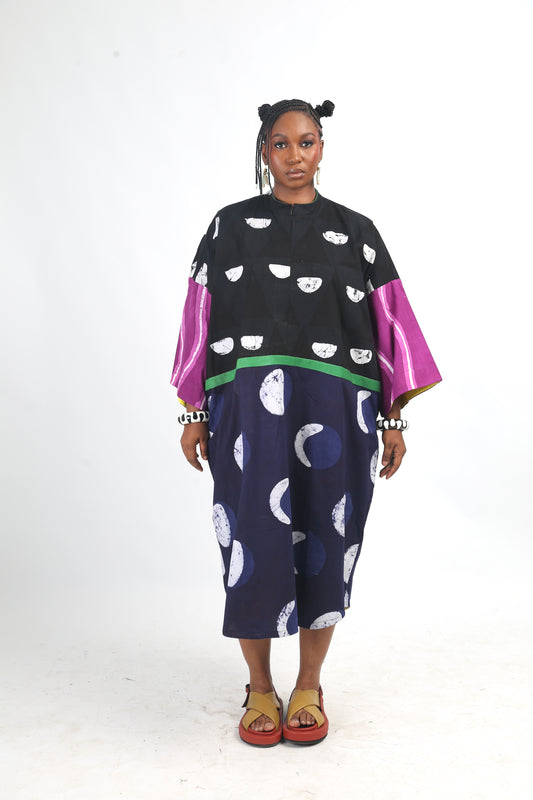 BLACK AND NAVY BLUE MULTICOLOURED KAFTAN WITH GREEN OUTLINE