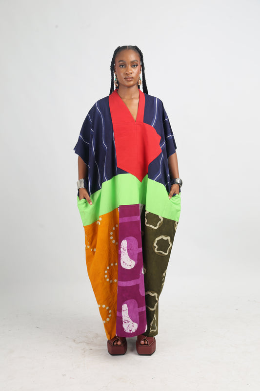 WHITE AND NAVYBLUE MULTICOLOURED AGBADA WITH RED ASOOKE