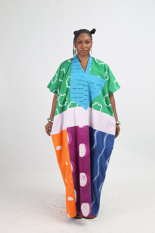 WHITE AND GREEN MULTICOLOURED AGBADA WITH TORQUOISE BLUE ASOOKE