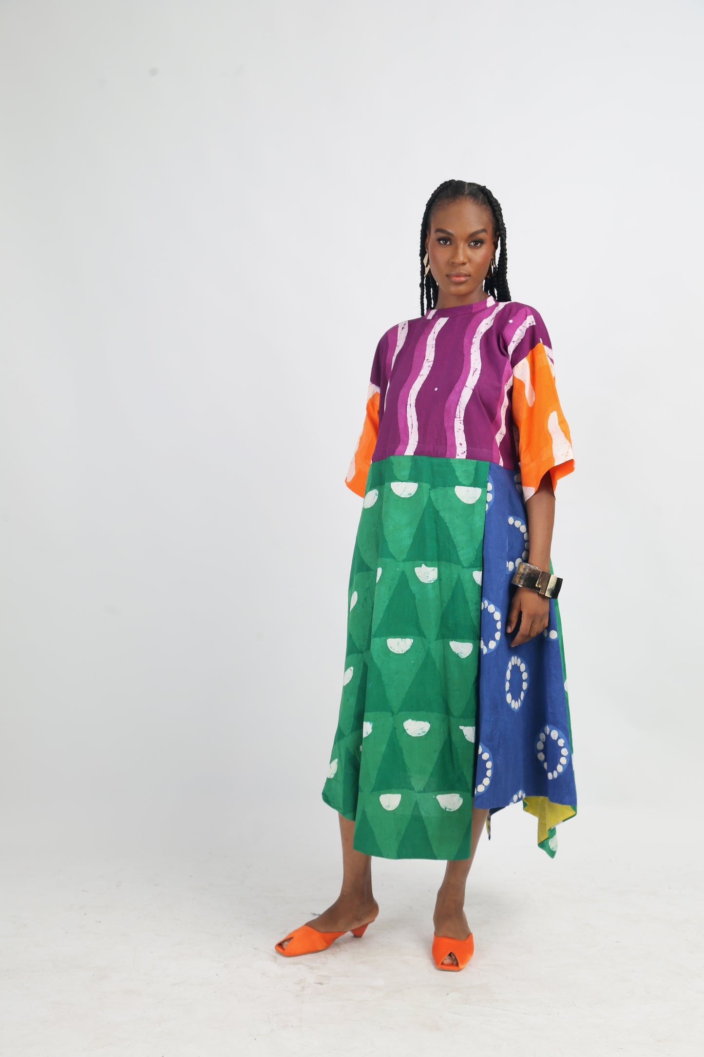 WHITE AND GREEN BRIGHT MULTICOLOURED MIDI IRO DRESS