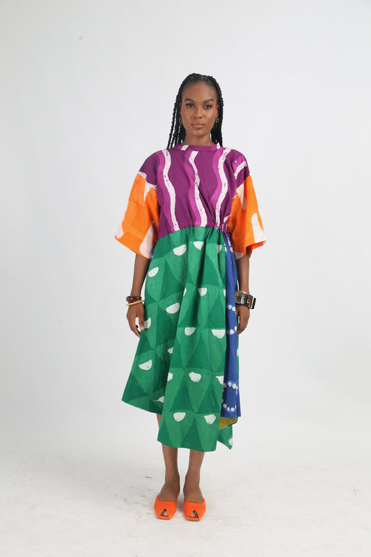WHITE AND GREEN BRIGHT MULTICOLOURED MIDI IRO DRESS