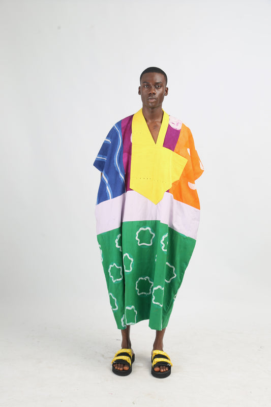 BRIGHT MULTICOLOURED AGBADA WITH WHITE AND GREEN BOTTOM WITH YELLOW ASOOKE