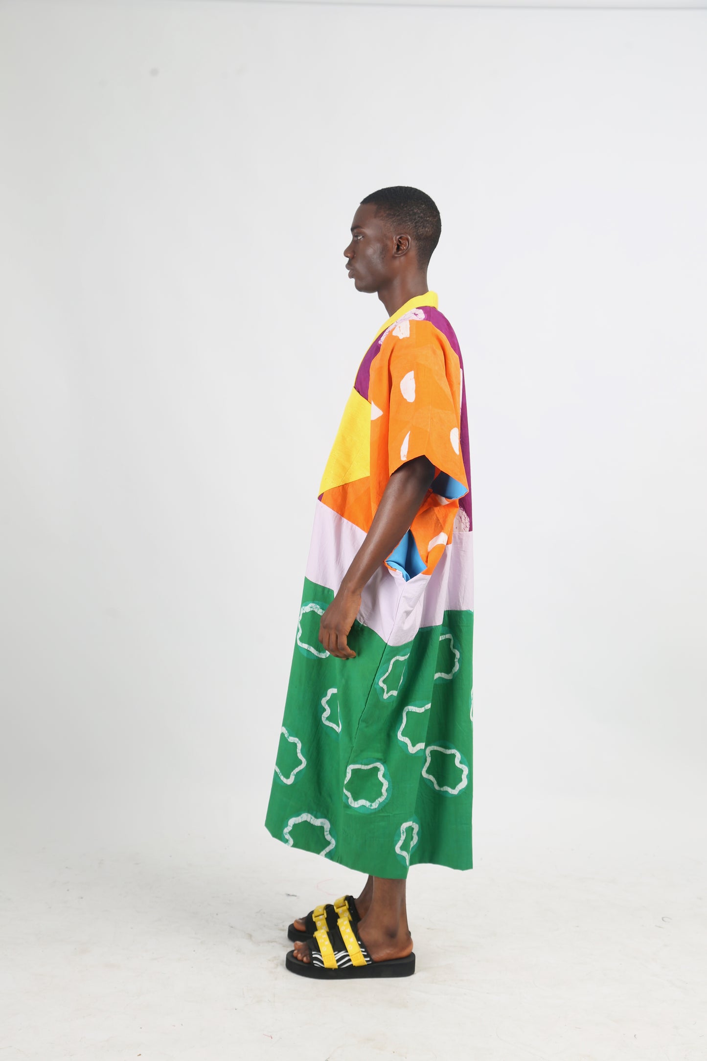 BRIGHT MULTICOLOURED AGBADA WITH WHITE AND GREEN BOTTOM WITH YELLOW ASOOKE