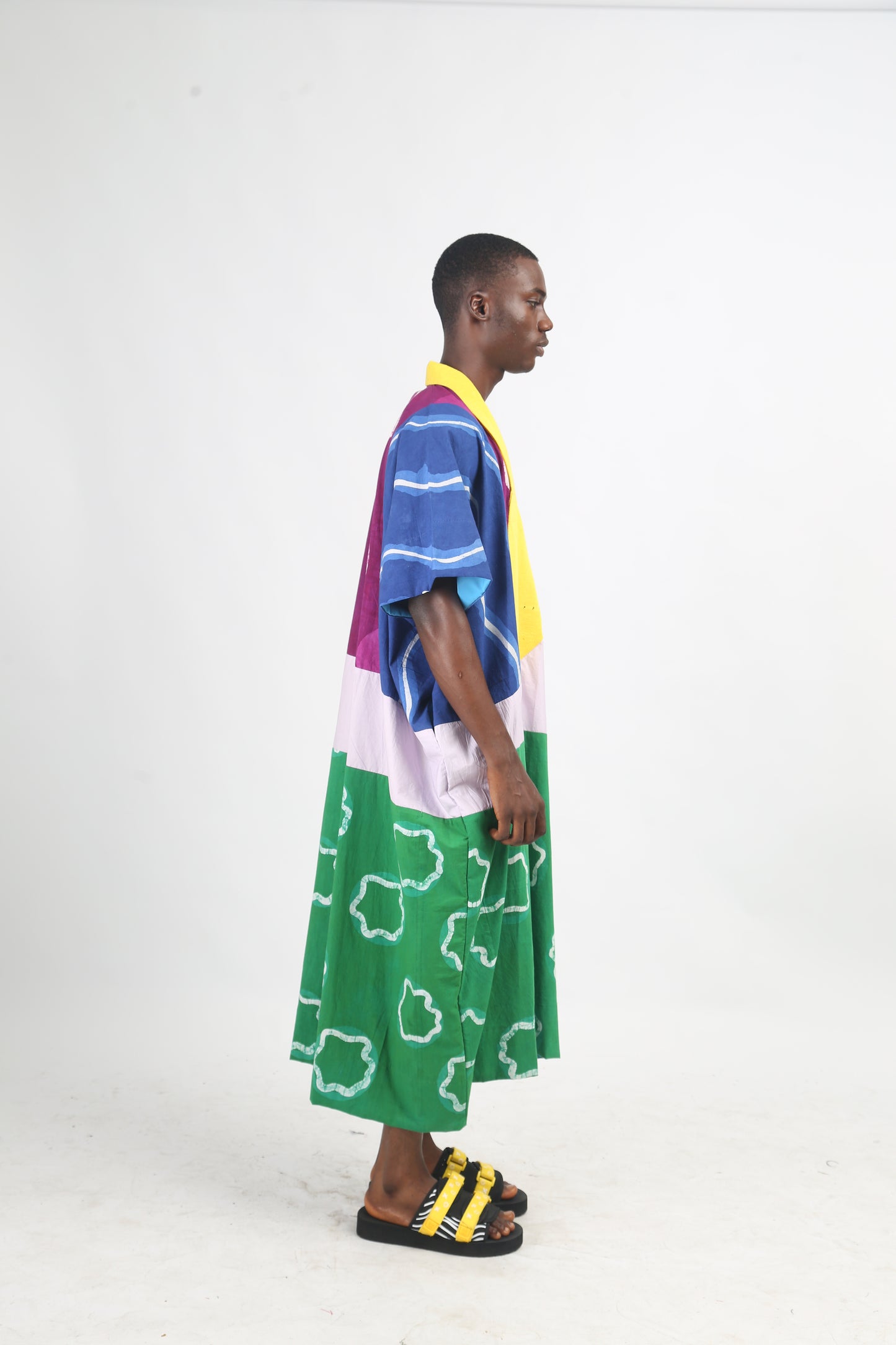 BRIGHT MULTICOLOURED AGBADA WITH WHITE AND GREEN BOTTOM WITH YELLOW ASOOKE