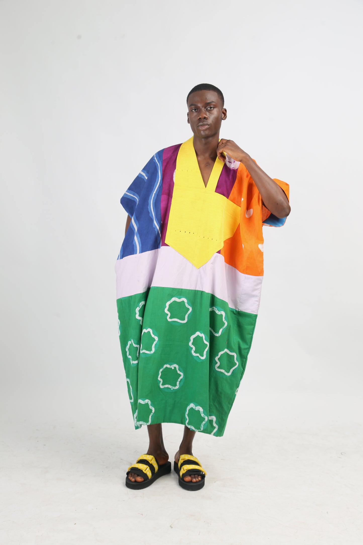 BRIGHT MULTICOLOURED AGBADA WITH WHITE AND GREEN BOTTOM WITH YELLOW ASOOKE